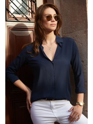 Kendim Fashion Kadın Uzun Kollu Dokuma Kumaş Klasik Gömlek