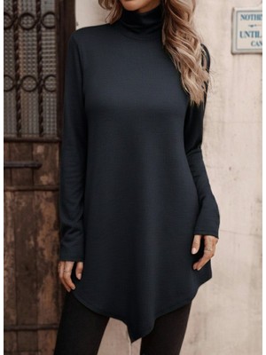 Kendim Fashion Kadın Uzun Kollu Balıkçı Yaka Asimetrik Kesim Detaylı Antrasit Yün Viskon Bluz