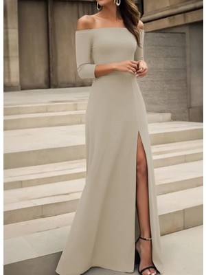 Kendim Fashion Kadın Uzun Kollu Madonna Yakalı Yırtmaç Detaylı Uzun Ithal Krep Elbise