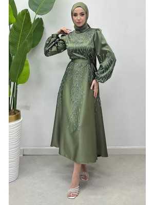 Tesettür Diyarı Kuşaklı Işlemeli Tesettür Abiye- Haki