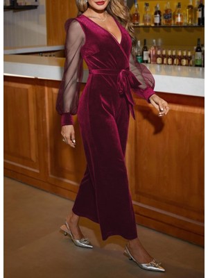 Kendim Fashion Kadın Uzun Kollu Kruvaze Yakalı Belden Kuşaklı Tül Detaylı Kadife Tulum