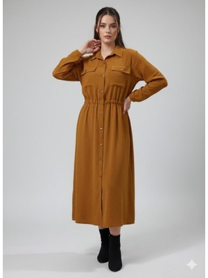Kendim Fashion Kadın Uzun Kollu Beli Lastik ve Düğme Detay Gömlek Elbise
