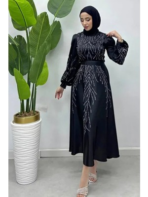 Tesettür Diyarı Kuşaklı Işlemeli Tesettür Abiye- Siyah