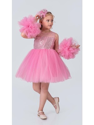 Mnk Baby & Kids Şifon Robalı Ponpon Kol Pul Payetli Kız Çocuk Kabarık Etek Tütülü Abiye