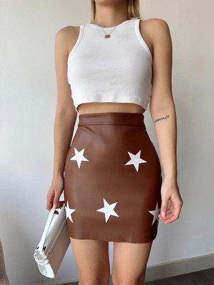 Biçomi Yıldız Baskılı Deri Etek Kahve