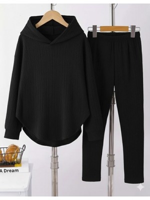 Kendim Fashion Kadın Uzun Kollu Kapşonlu Meloni Bluz ve Pantolon Ikili Takım