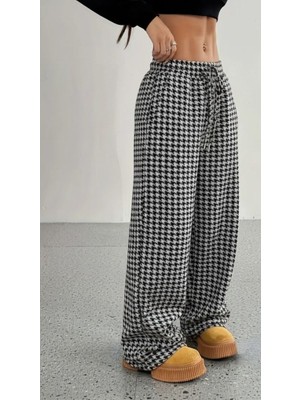 Hazego Kadın Yüksek Bel Lastikli Bağcıklı Geniş Kesim Kazayağı Dalgıç Pantolon