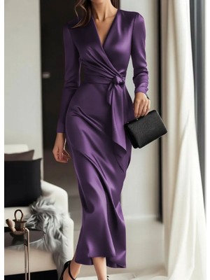 Moderie Butik Kadın Uzun Kollu Kruvaze Yakalı Beli Kuşaklı Uzun Saten Elbise