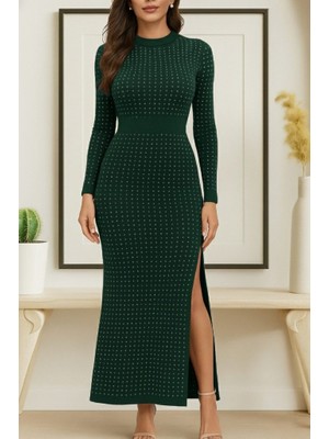 Moderie Butik Kadın Uzun Kollu Bisiklet Yaka Taşlı Midi Kadife Elbise