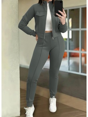 Moderie Butik Kadın Uzun Kollu Önden Fermuarlı Kısa Modal Ceket ve Pantolon Ikili Takım