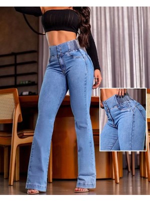 Moderie Butik Kadın Yüksek Bel Yanları Lastik Önü Düğmeli Kot Pantolon