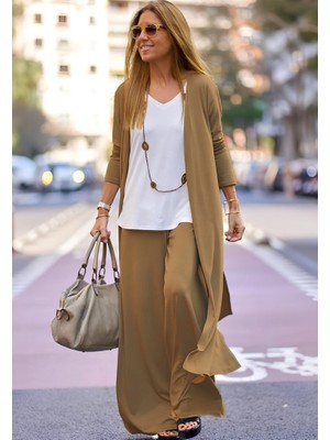 Buğrahayalin Kadın Uzun Kollu Önü Açık Viskon Ceket ve Pantolon Ikili Takım