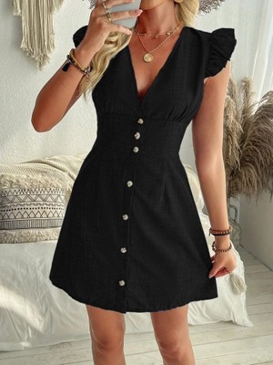Moderie Butik Kadın Fırfır Kollu V Yakalı Düğmeli Keten Elbise