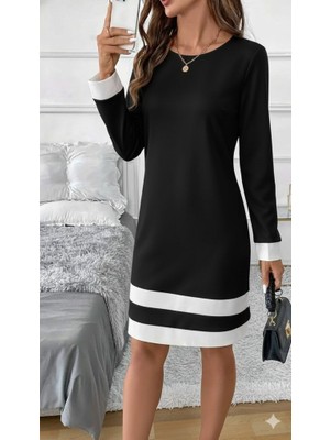 Moderie Butik Kadın Uzun Kollu Yuvarlak Yaka Etek Ucu Şerit Detaylı Mini Siyah Beyaz Dalgıç Elbise