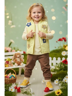 Moonstar Kız Çocuk Çiçekli Şişme Yelek Badili Alt Eşofman Üçlü Takım