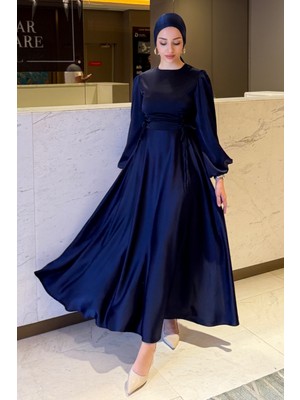 Tesettür Diyarı Zühre Model Yandan Bağlamalı Saten Abiye-Lacivert