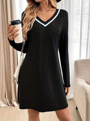 Moderie Butik Kadın Uzun Kollu V Şerit Yakalı Kısa Viskon Iki Iplik Elbise