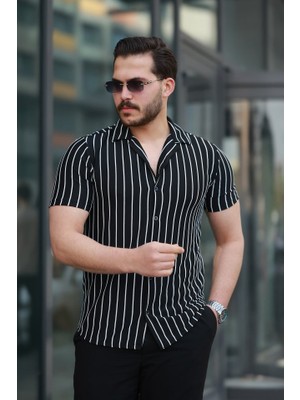 Moderie Butik Erkek Kısa Kollu Beyaz Çizgi Desenli Örme Kumaş Pamuklu Gömlek