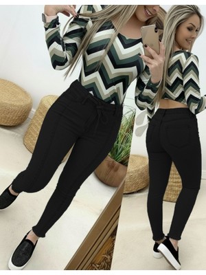 Kendim Fashion Kadın Yüksek Bel Belden Kuşaklı Yırtık Detaylı Kot Pantolon