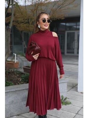 Moderie Butik Kadın Triko Plise ve Tül Detay Iki Parça Elbise