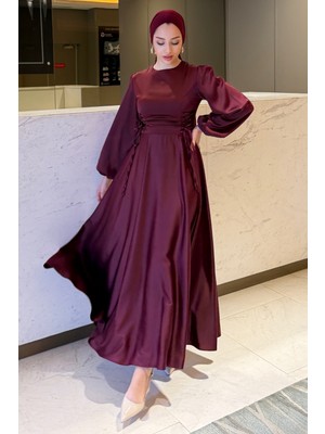 Tesettür Diyarı Zühre Model Yandan Bağlamalı Saten Abiye-Bordo