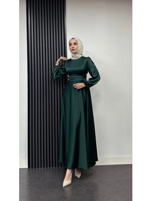 Tesettür Diyarı Zühre Model Yandan Bağlamalı Saten Abiye-Zümrüt