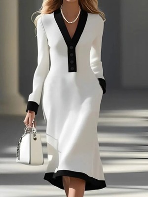 Moderie Butik Kadın Uzun Kollu V Yakalı Düğmeli Midi Modal Elbise