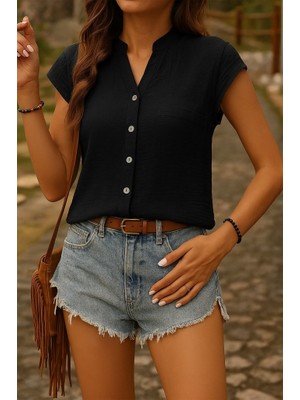 Moderie Butik Kadın Kısa Kollu V Yakalı Önden Düğmeli Müslim Gömlek