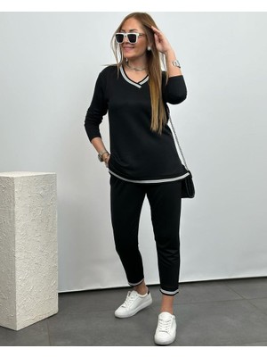 Moderie Butik Kadın Uzun Kollu V Yakalı Şerit Detay Alt ve Üst Viskon Iki Iplik Detay Ikili Takım