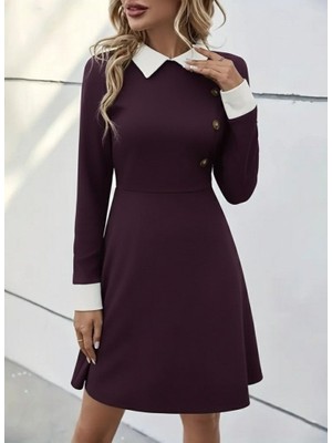 Moderie Butik Kadın Uzun Kollu Yakalı Düğmeli Mürdüm Modal Mini Elbise