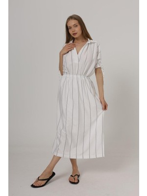 Kendim Fashion Beli Lastikli Elbise - Beyaz