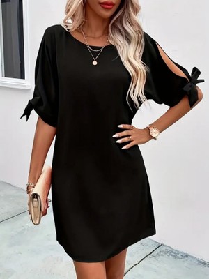 Moderie Butik Kadın Kısa Kollu Kolu Bağlamalı Yakası Açık Janjan Elbise
