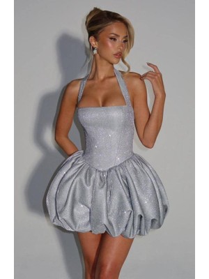 Moderie Butik Kadın Halter Yaka Simli Kumaş Sırtı Bağcık Detay Prenses Elbise