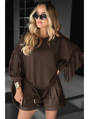 Moderie Butik Kadın Uzun Kollu Bisiklet Yaka Kolları Püsküllü Modal Bluz