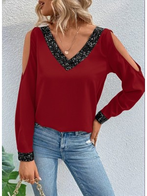 Moderie Butik Kadın Uzun Kollu V Yakalı Omuzlardan Açık Sandy Bluz