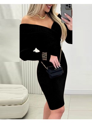 Moderie Butik Kadın Uzun Kollu Omuzlardan Açık Kruvaze Yaka Kısa Triko Elbise