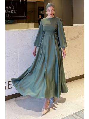 Tesettür Diyarı Zühre Model Yandan Bağlamalı Saten Abiye-Haki