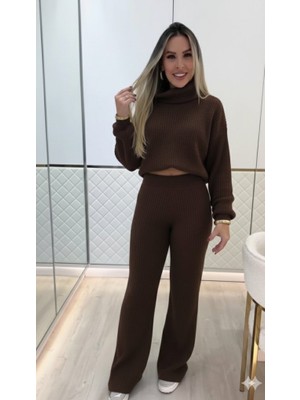 Moderie Butik Kadın Uzun Kollu Balıkçı Yaka Kısa Triko Bluz ve Pantolon Ikili Takım