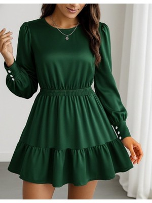 Moderie Butik Kadın Uzun Kollu Bisiklet Yaka Beli Lastikli Fırfırlı Ithal Krep Elbise