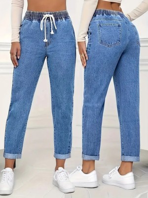 Moderie Butik Kadın Yüksek Bel Bağcıklı Kot Pantolon