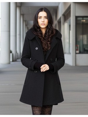 1Tarz Düğmeli Yaka Detaylı Siyah Kadın Kaşe Kaban