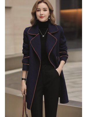 1Tarz Özel Tasarım Kaşe Kadın Şık Yaka Kaban ve Kemer