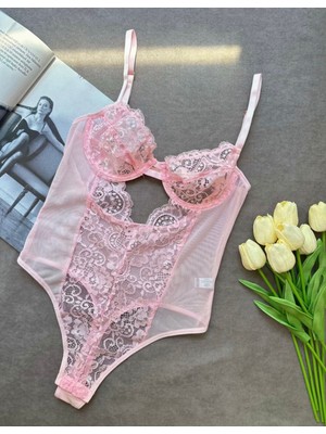 Hama Love Pembe Dantelli Bodysuit İç Çamaşır Takımı