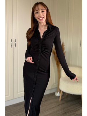 Dilay Gökoğlu Butik Ottoman Kumaş Önü Düğmeli Midi Siyah Elbise