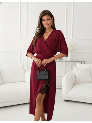 Arben Boutique Kadın Uzun Kollu Kruvaze Yakalı Yandan Dantelli Midi Ithal Krep Elbise