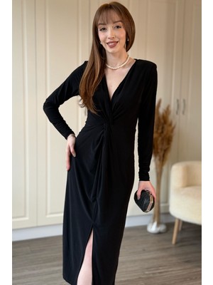 Dilay Gökoğlu Butik Önü Düğümlü V Yaka Midi Yırtmaçlı Elbise