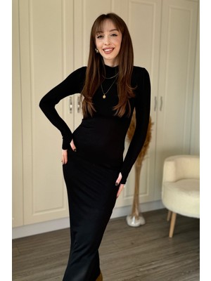 Dilay Gökoğlu Butik Dik Yaka Midi Siyah Elbise