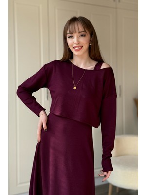Dilay Gökoğlu Butik Modal Kumaş Kayık Yaka Ikili Bordo Elbise Takım