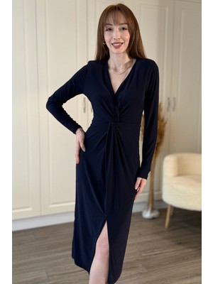 Dilay Gökoğlu Butik Önü Düğümlü V Yaka Midi Yırtmaçlı Elbise