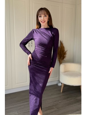 Dilay Gökoğlu Butik Simli Drapeli Uzun Kollu Zarif ve Şık Midi Elbise